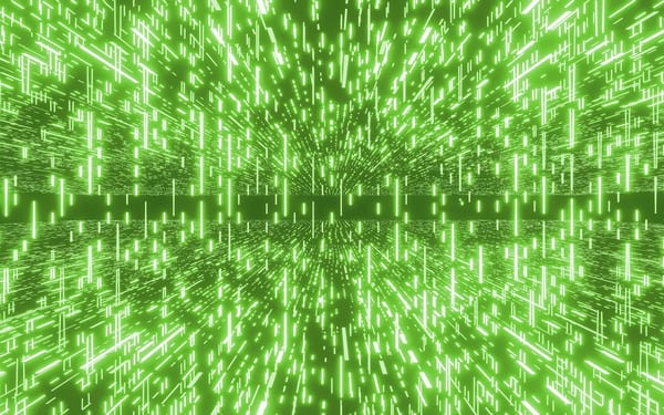 Abstract green digital tunnel of flowing data streams & light particles, creating a futuristic Matrix-style cyber effect with depth, motion, vibrant neon green on dark background. (190 chars)